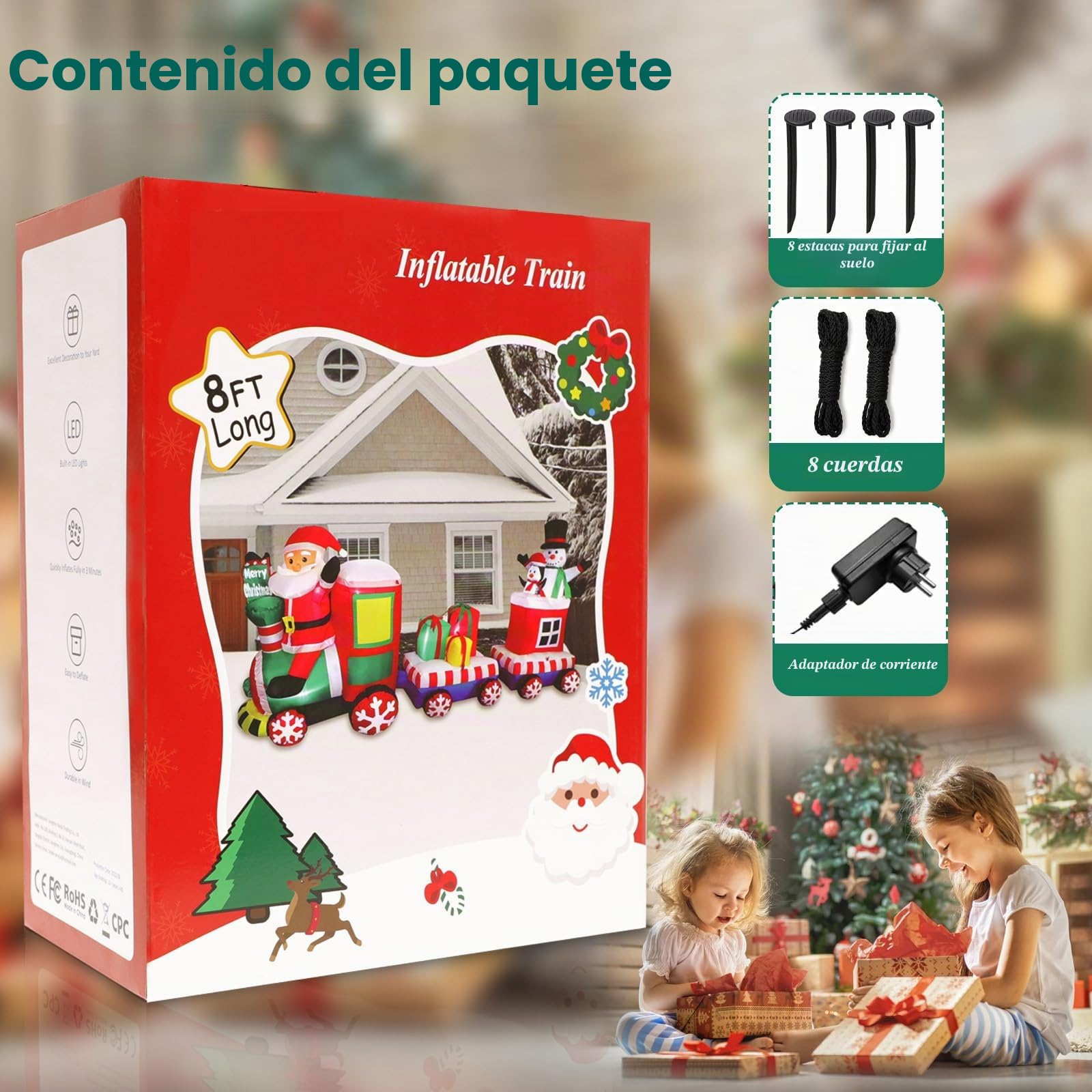 Omdekor 240CM Tren Inflable Navideño con Papá Noel Pingüino Muñeco de Nieve, Decoración Navideña Inflable, Luz LED Incorporada, Fiesta de Navidad, Festival, Jardín, Césped, Patio Decoración