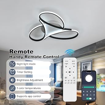 Dimmable LED Ceiling Light,Modern Black 3-Ring Ceiling lamp, 55W, Mith Remote Control and app Ceiling Lighting, Creative lamp for Bedroom Living Room Kitchen Office (BΦ50cm55W) [Energy Class B]