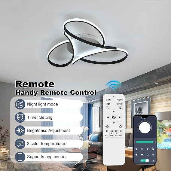 Dimmable LED Ceiling Light,Modern Black 3-Ring Ceiling lamp, 55W, Mith Remote Control and app Ceiling Lighting, Creative lamp for Bedroom Living Room Kitchen Office (BΦ50cm55W) [Energy Class B]