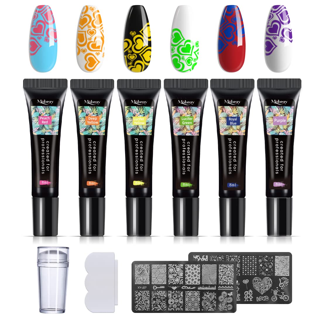 Nail Stamping Polish Gel 8 ml, 6 Colors UV LED Nail Stamper Kit with 1*Head Stamper 1*Scraper And 2*Leaves Flowers Animal Pattern Nail Stamping Plates Nail Polish Stamping Kit for Women Girls