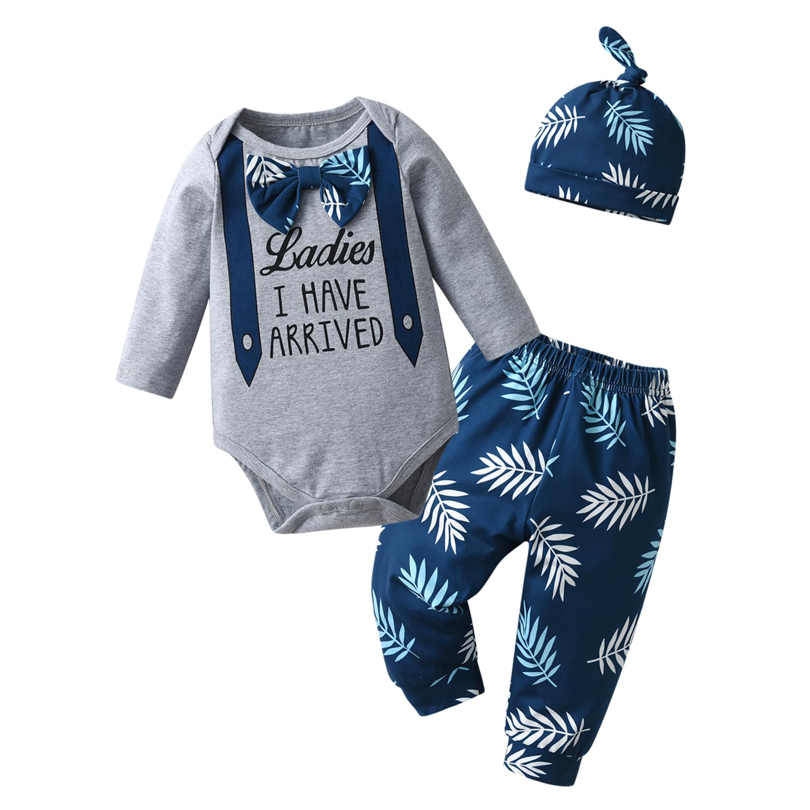 KuKittyNewborn Infant Baby Boy Clothes Long Sleeve Romper + Pants + Hat 3PCS Outfits Set