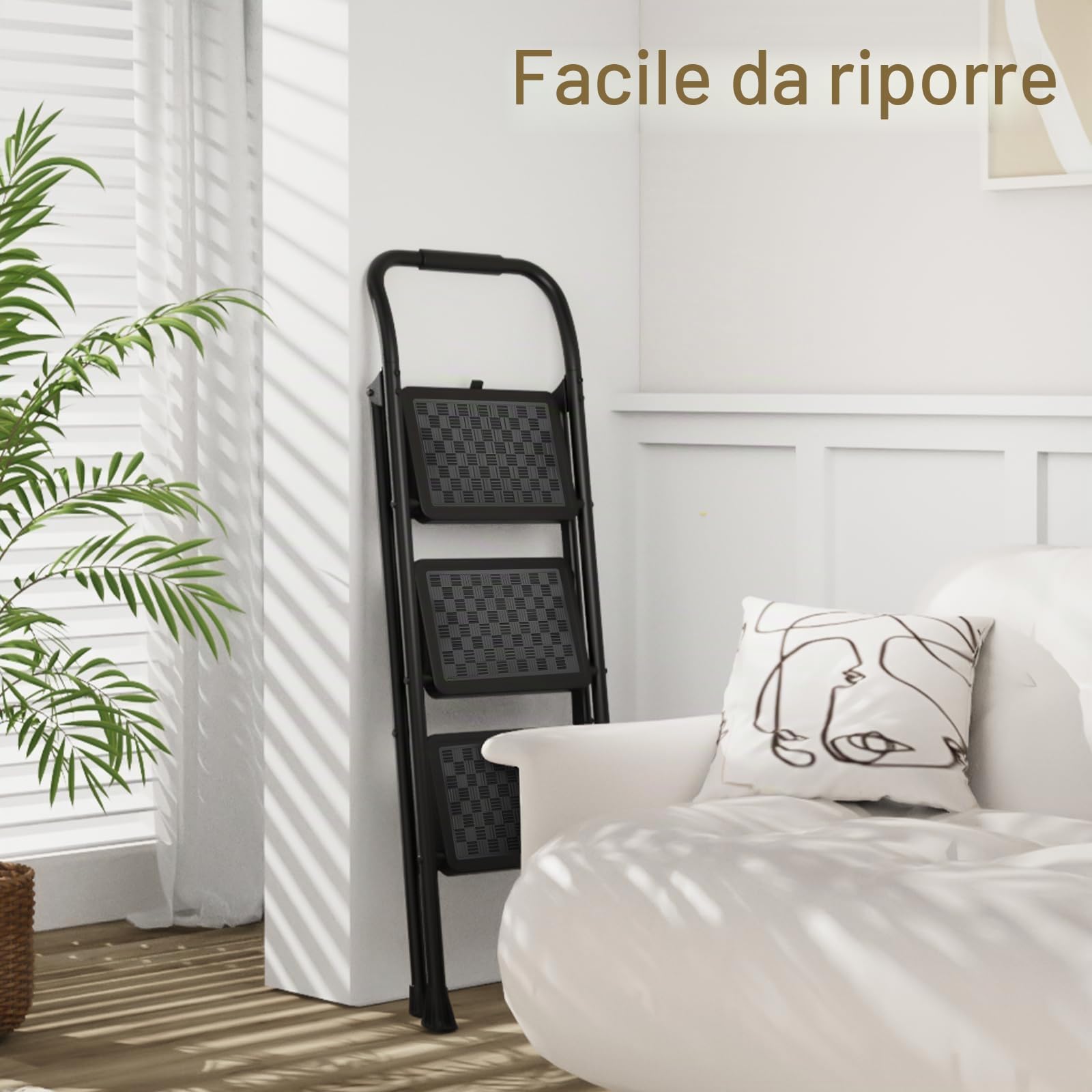 HBTower Scala 3 Gradini Pieghevole, Pedane Antiscivolo con Design a Mosaico, Corrimano Imbottito, Leggera e Salvaspazio, Portata 150KG