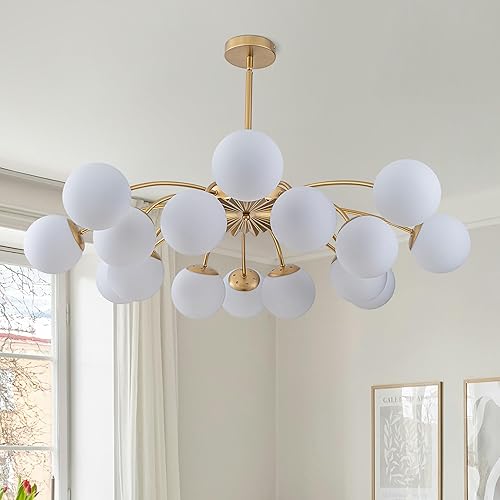 Candelabros de burbujas Sputnik modernos de mediados de siglo de 42 pulgadas con 16 luces para montaje en techo, color dorado, flor de vidrio de