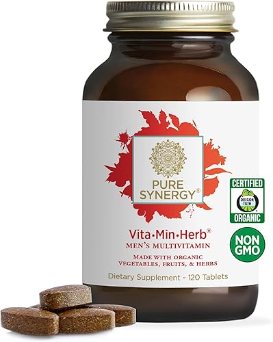 Pure Synergy VitaMinHierba para hombres 120 comprimidos Multivitamínico hecho con ingredientes orgánicos Sin OMG Hecho con verduras y frutas