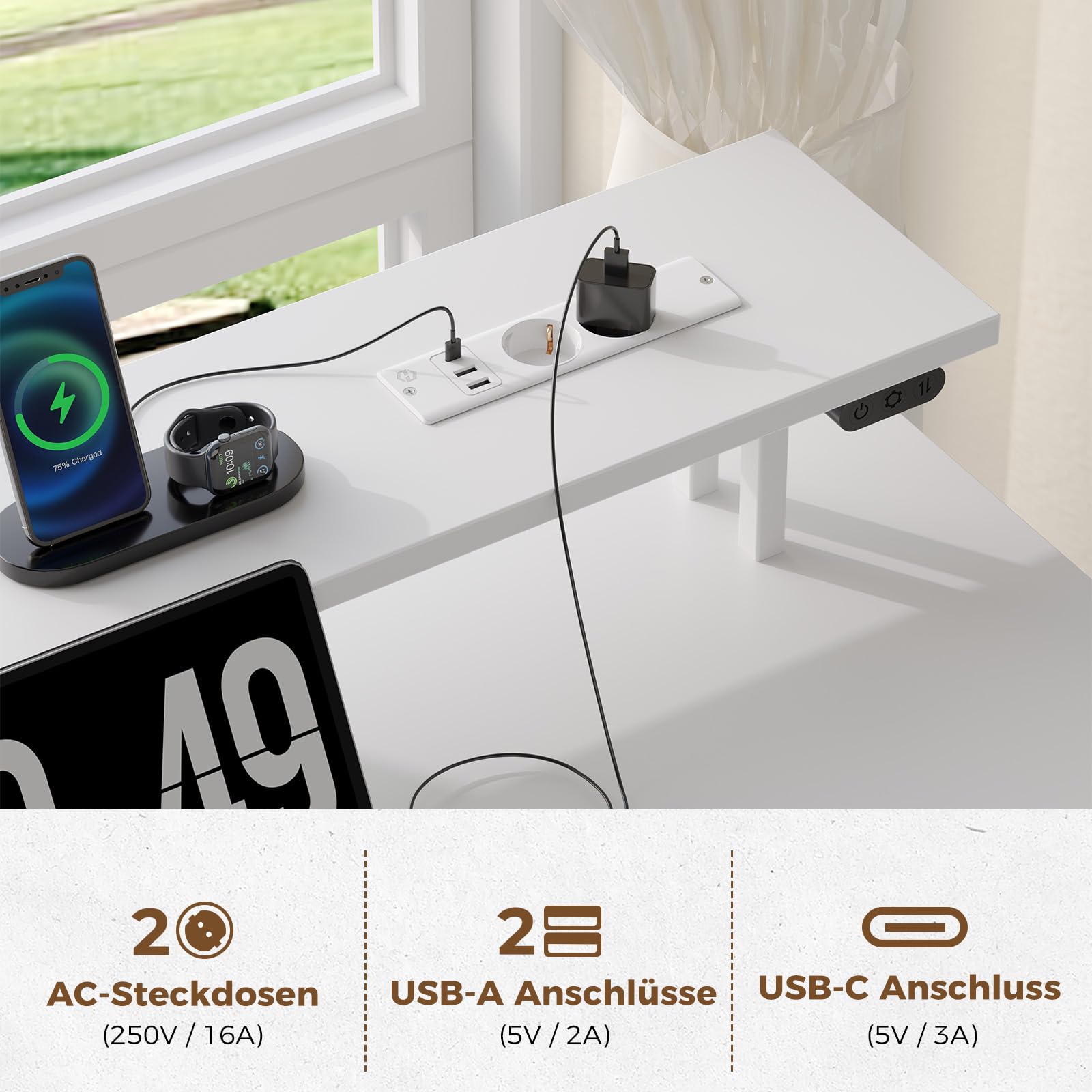 Seventable L-förmiger Gaming Schreibtisch mit LED-Beleuchtung & Steckdosen, Eckschreibtisch mit 3 Stoffschubladen & Ablage, Computertisch für Home Office & PC-Gaming,Weiß,119×119×88 cm
