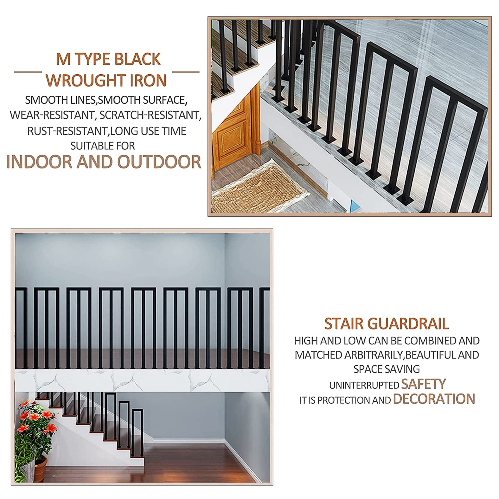 Czarna poręcz w kształcie litery M na zewnątrz wewnątrz werandę Loft Villa Decking, pręt podtrzymujący balustradę schodową z kutego żelaza, bezpieczny antypoślizgowy drążek ręczny