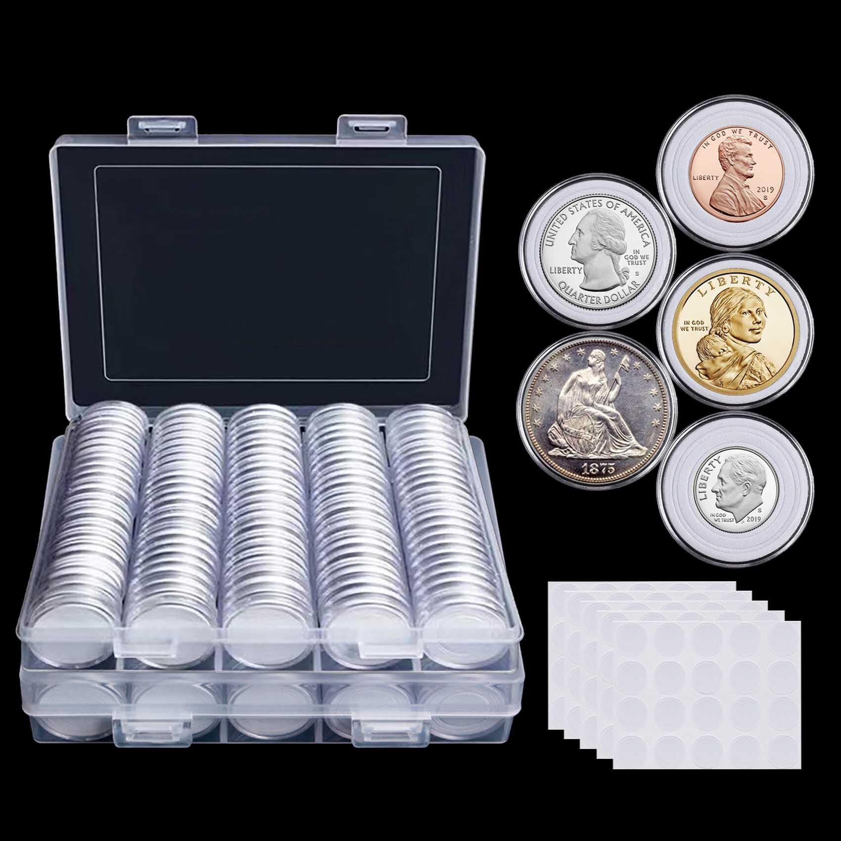 200 cápsulas de monedas de 30 mm para coleccionistas con junta de espuma y caja organizadora de almacenamiento de plástico, 5 tamaños (17/20/25/27/30 mm) para suministros de colección de monedas