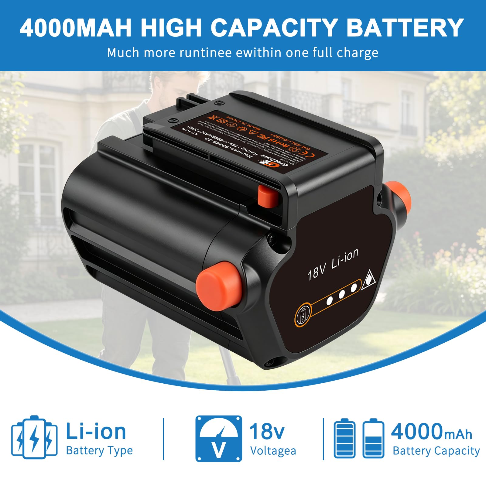 Batería de Repuesto 18V 4.0Ah para Gardena BLi-18 9840-20 9839-20, Compatible con Las Herramientas Gardena del Sistema Li-Ion Li-18, Compatible con Gardena 18 V Li-Ion 8833-28 y 8832-20