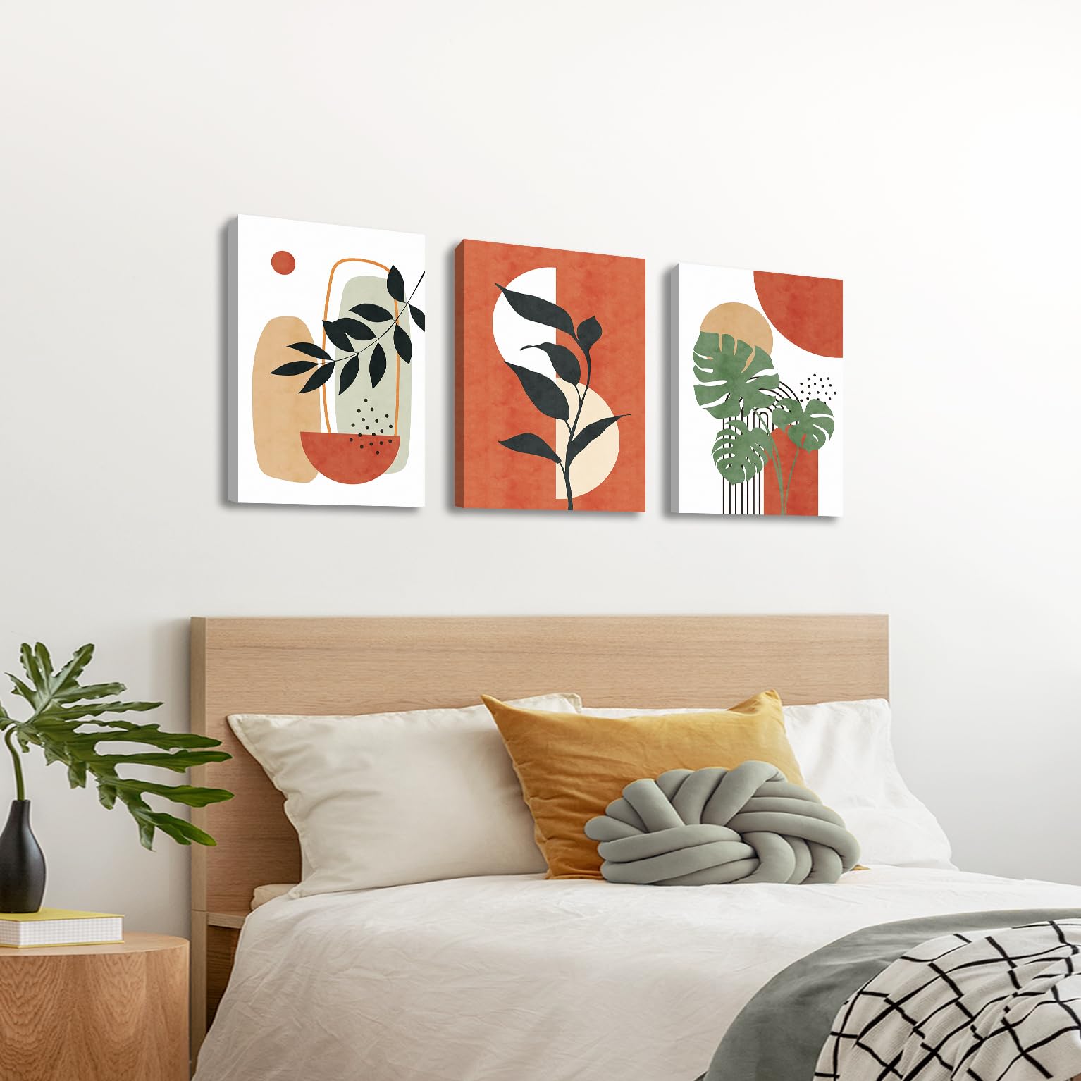 3 Pcs Wooden Framed Canvas Wall Art Set Bohemian Sage Green Canvas Prints Poster Geometric Line Beige Green Pictures for Living Room Bedroom Dinning Room Hallway Stairs Wall Decor 30x40cm x3pcs — view 383