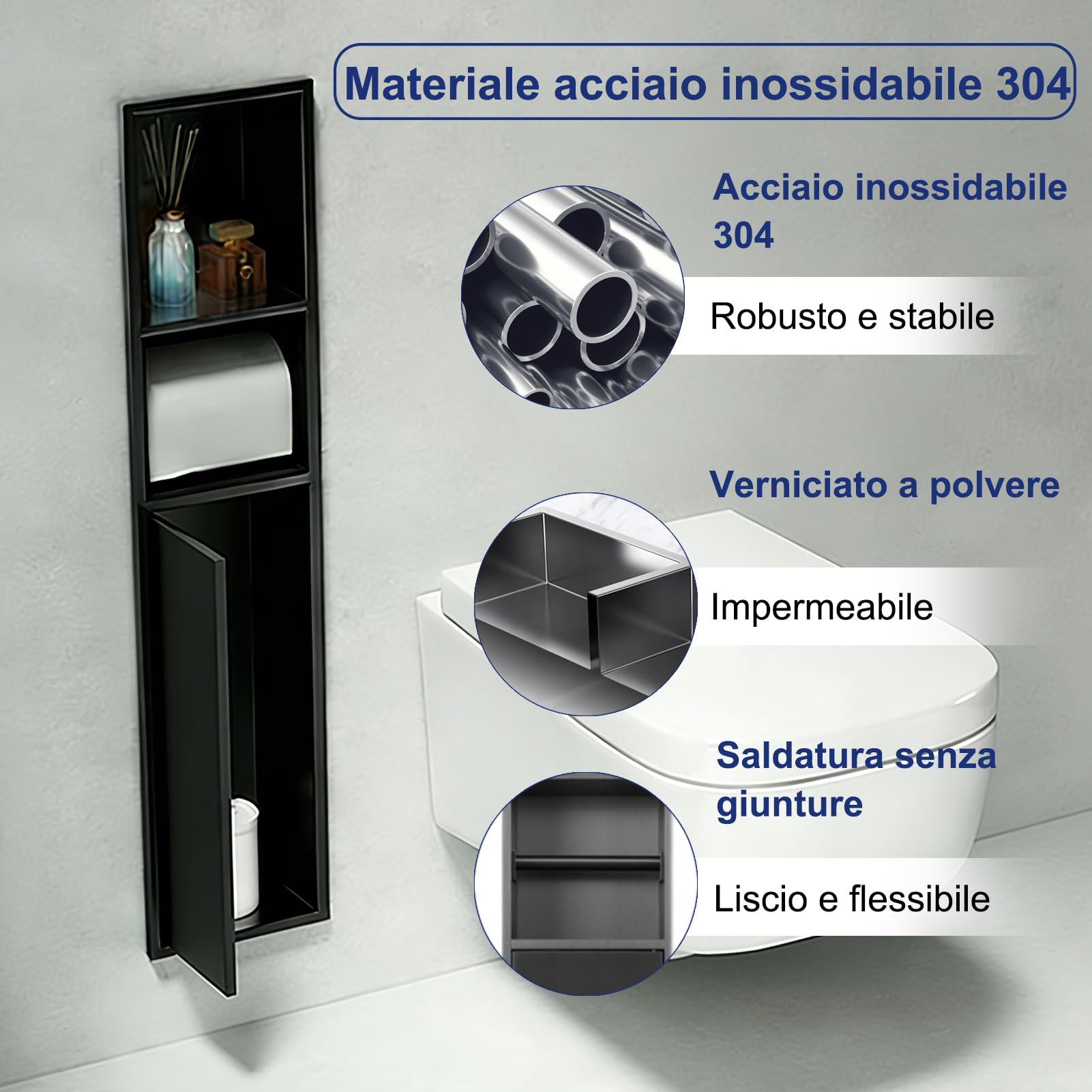 HJZALMI Portarotolo per carta igienica, da incasso, 80 x 18 x 12,5 cm | in acciaio inox 304, con scomparto extra, push-to-open, nero