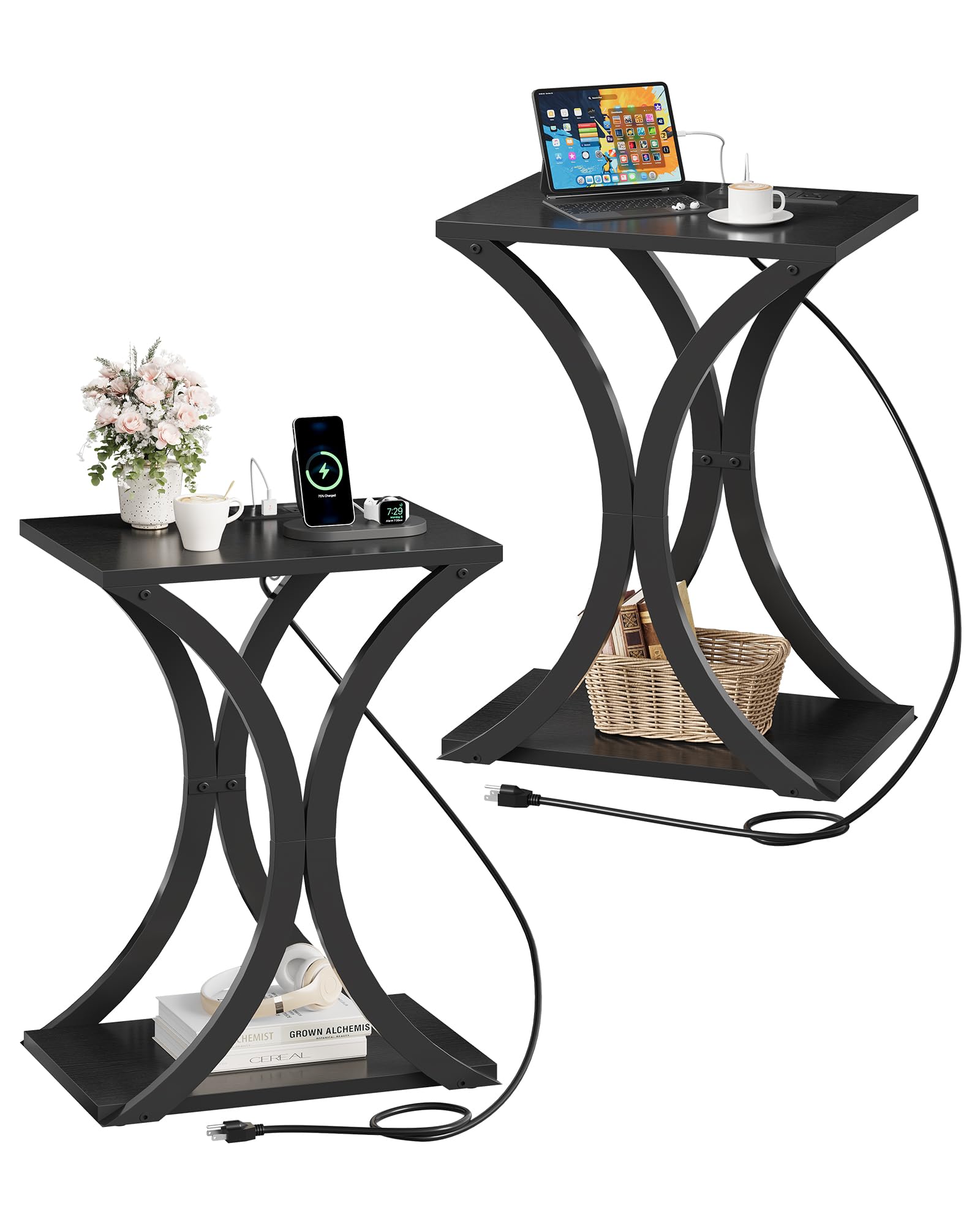 CHOEZON End Table with Charging Station, 2-Tier Modern Side Table Set of 2, Nightstand with Storage Shelf, for Small Spaces, for Bedroom, Living Room,
