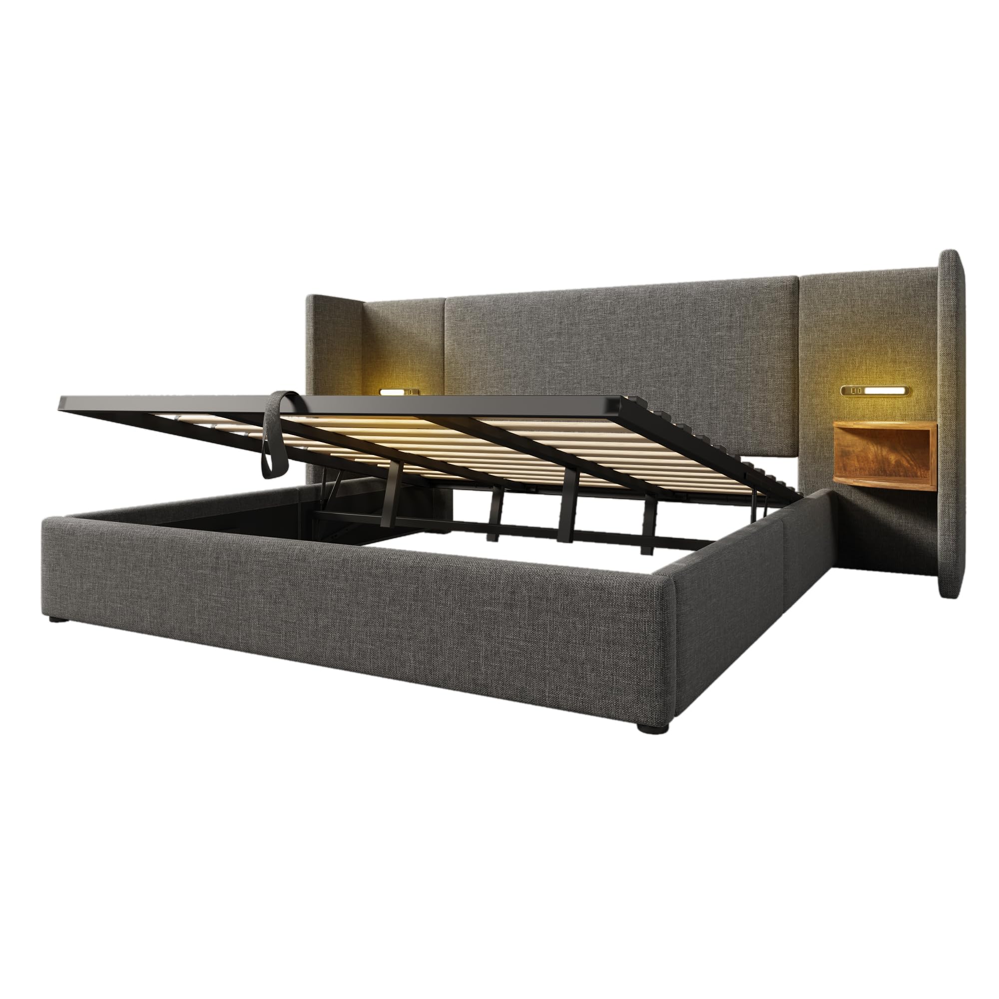 Letto imbottito 180 x 200 cm, comodino, lampada da lettura e ricarica USB C, rete a doghe legno massiccio e metallo, lino grigio