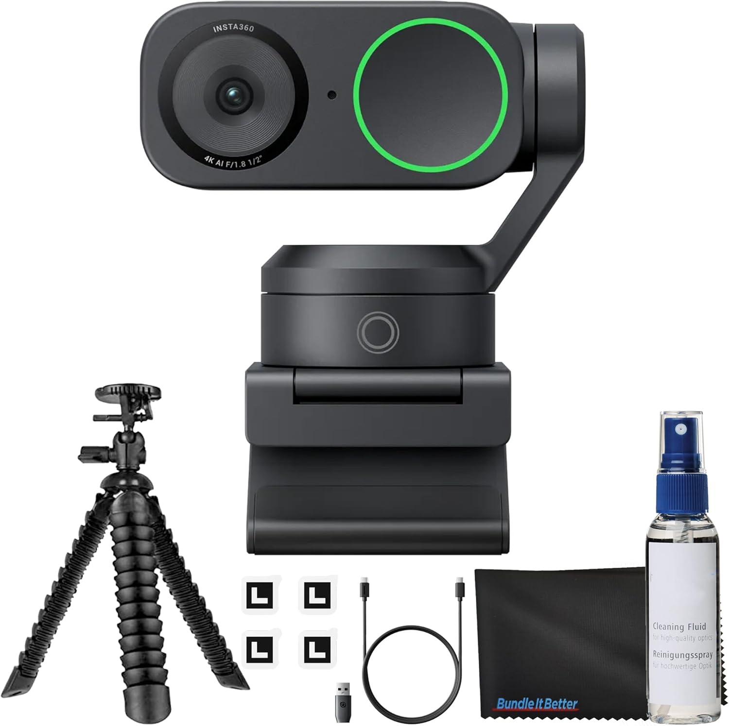 Insta360 Link 2 - PTZ 4K Webcam for PC/Mac, 1/2" Sensor, AI Tracking, HDR, AI Noise-Canceling Mic, Gesture Control for Streaming, Video Calls, Gaming & More Bundle with Flexible Tripod & Lens Cloth