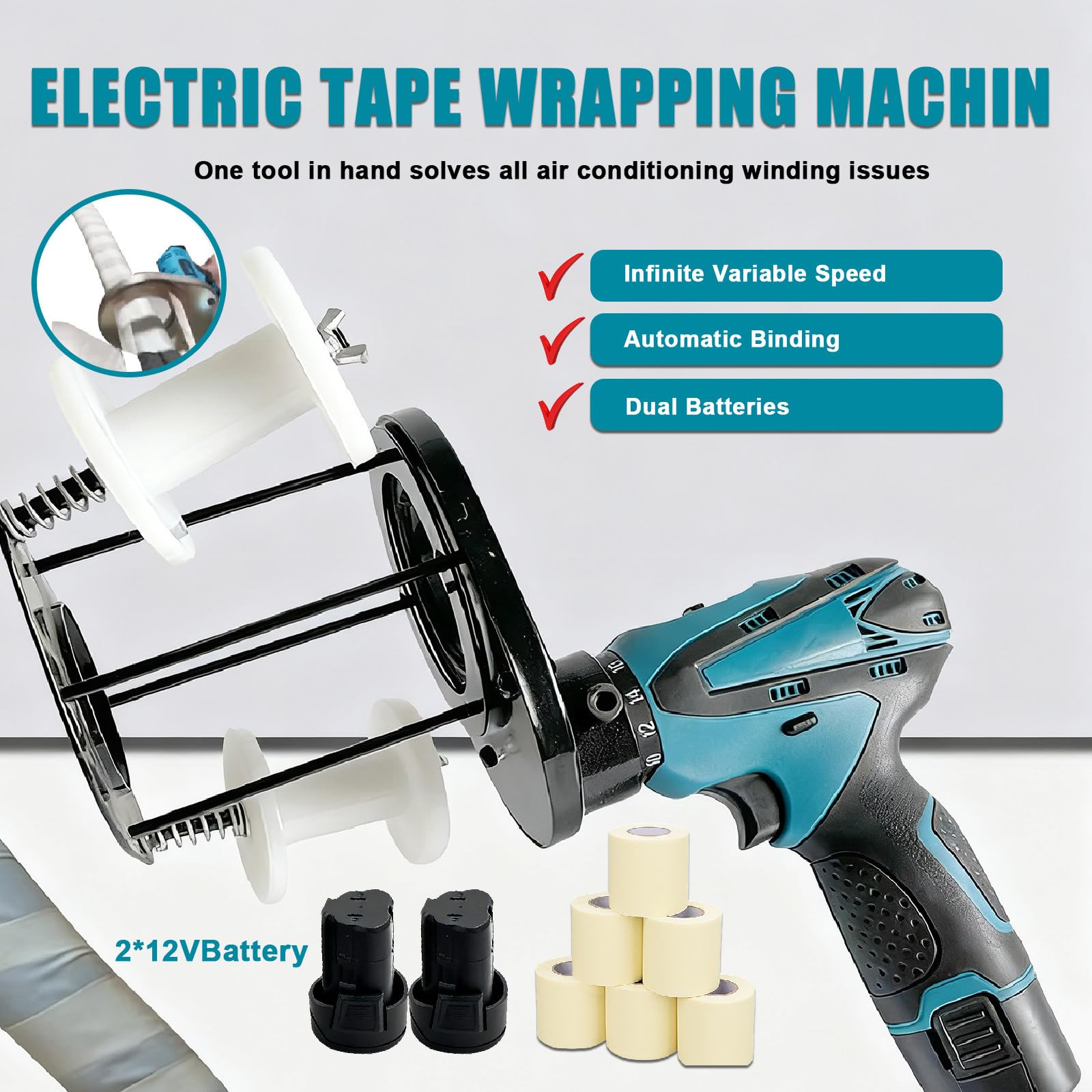 Avvolgitrice per nastri, portatile, 20 m/min, altezza/spaziatura regolabile (1,99-3,9 pollici), diametro massimo 7 cm, include 2 batterie da 12 V e 5 rotoli di nastro