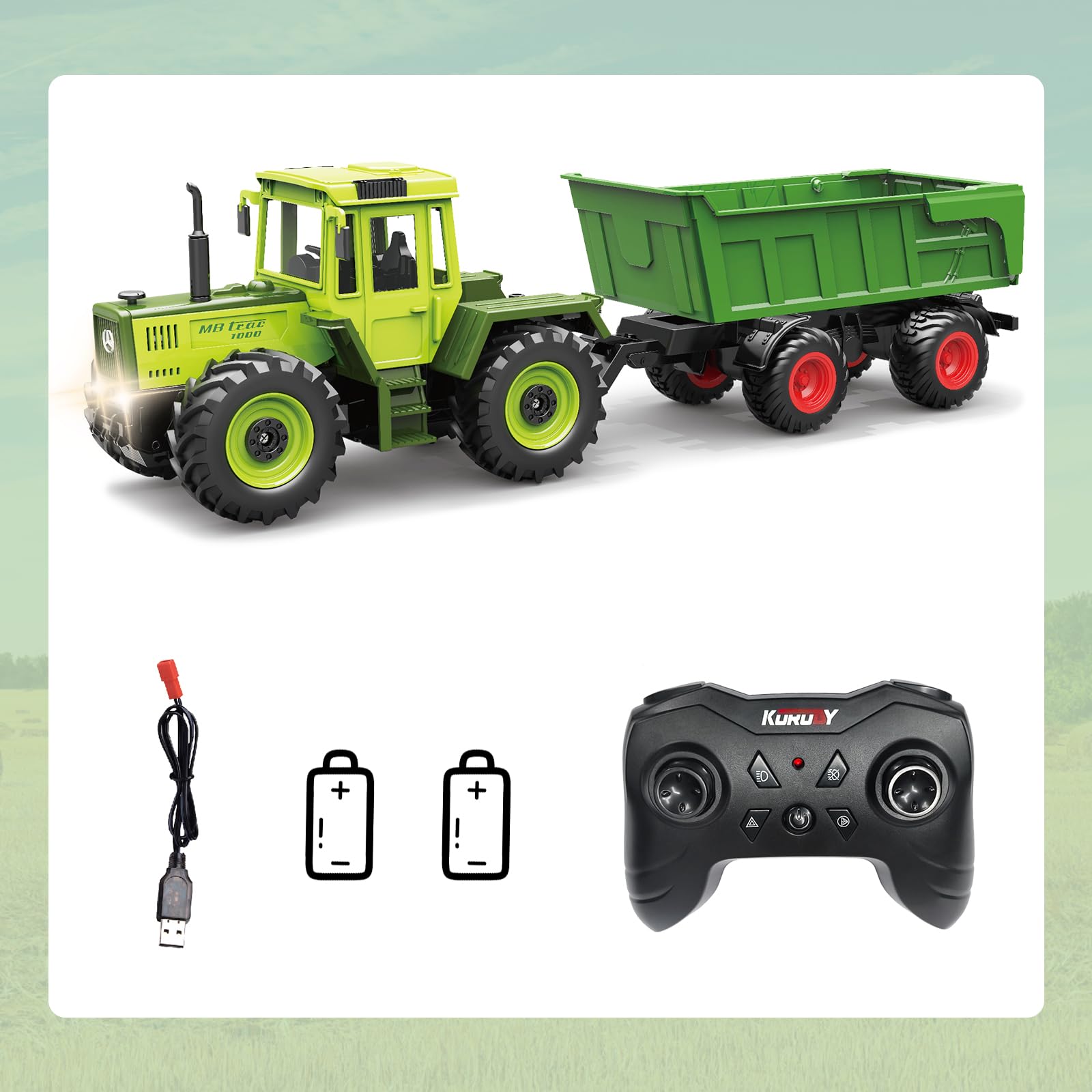 Bonikita Remote Control Tractor toy with Trailer, Automatic Lifting Function, LED Lights & 2 Rechargeable Batteries - Image 6