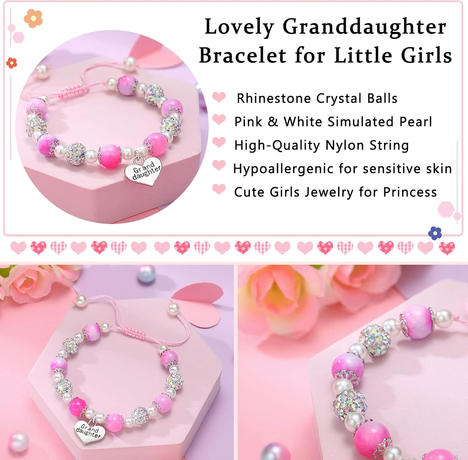 UNGENT THEM Pink Pearl and Rhinestone Bracelet for Granddaughter Daughter Niece Big Sister Birthday Christmas Easter Gifts - Image 5