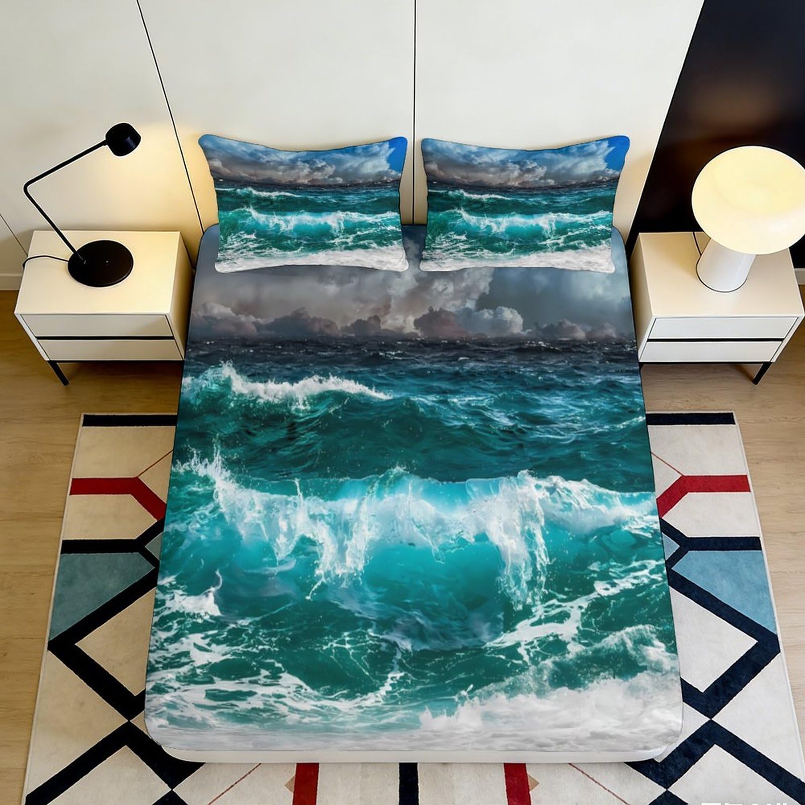 3D Printed Ocean Wave Fitted Sheet Microfiber Teal Sea Storm Mattress Cover Bedroom Decor Anti-Slip Washable 140x200x25cm
