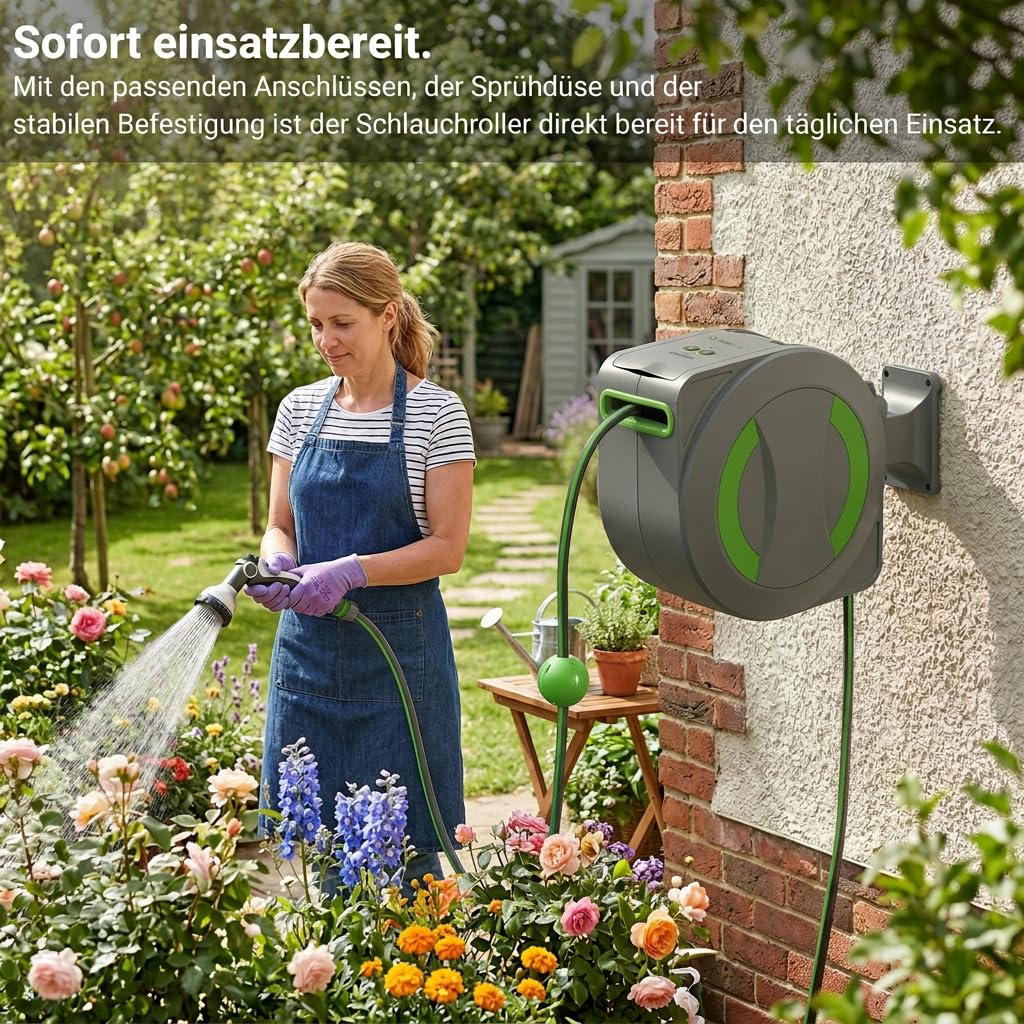 Dönges novaterra® Elektrische Schlauchtrommel 30m – Automatische akkubetriebene Gartenschlauchtrommel mit elektrischem Einzug, wetterfeste Schlauchbox für Garten & Terrasse, Akku Schlauchaufroller