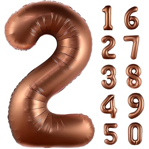 40 Inch Giant Coffee Brown Number 2 Balloon, Helium Mylar Foil Number Balloons for Birthday Party, 2nd Birthday Decorations for Kids, Anniversary Party Decorations Supplies (Coffee Brown Number 2)