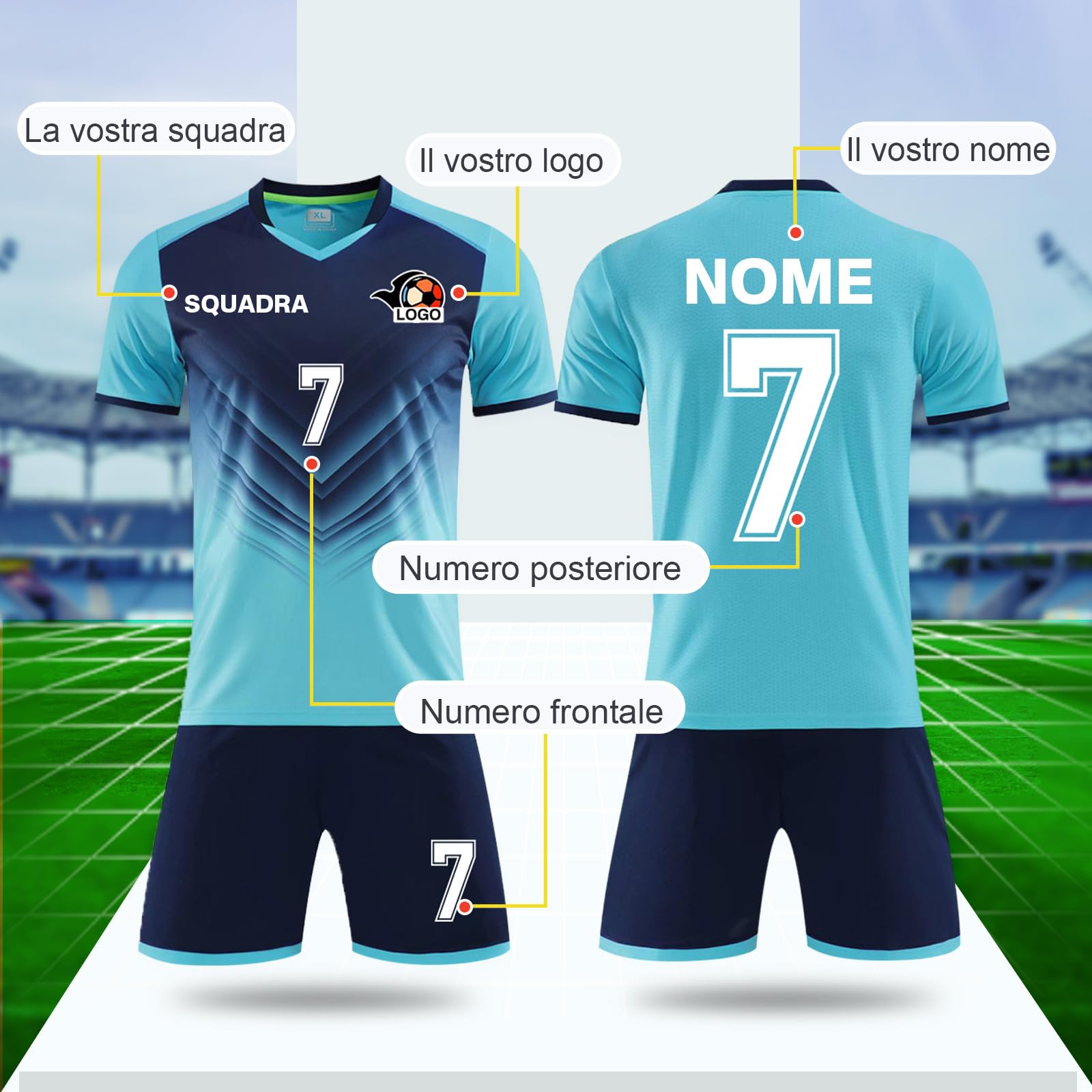 LAIFU Maglia Calcio Personalizzabile con Nome Numero Logo Maglia da Calcio A Manica Corta Pantaloncini da Calcio e Calzini da Calcio Donna Bambini Giovani Adulto