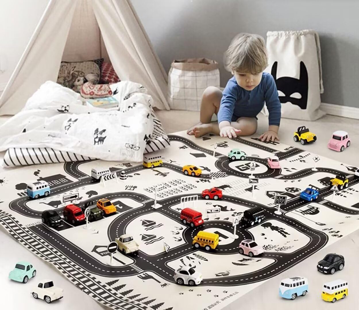Tappetino da gioco sottile con pellicola di plastica,tappeto da gioco impermeabile con motivo a pista stradale,tappetino per parcheggio bianco nero,tappeto per cameretta della sala giochi,comodino