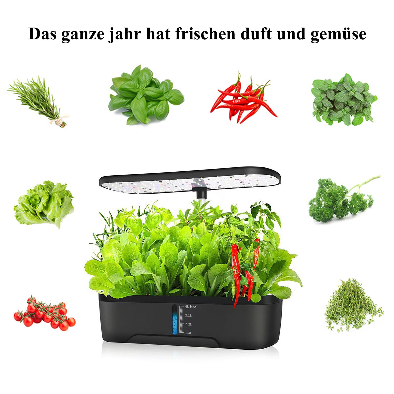 Hydroponiczne systemy do uprawy, Smart Garden z lampą LED do roślin, automatyczny timer, zestaw do ogrodu ziołowego, regulacja wysokości, czarny (12 otworów)