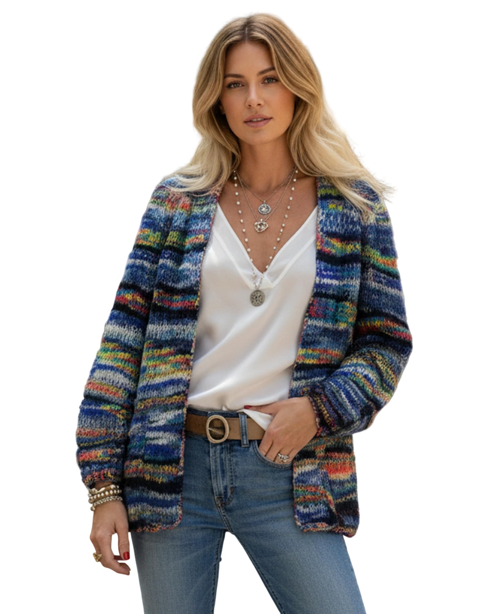 Womens Multicolor Striped Knit Cardigan Open Front Long Sleeve Casual Loose Warm Fall Sweater Everyday Wear