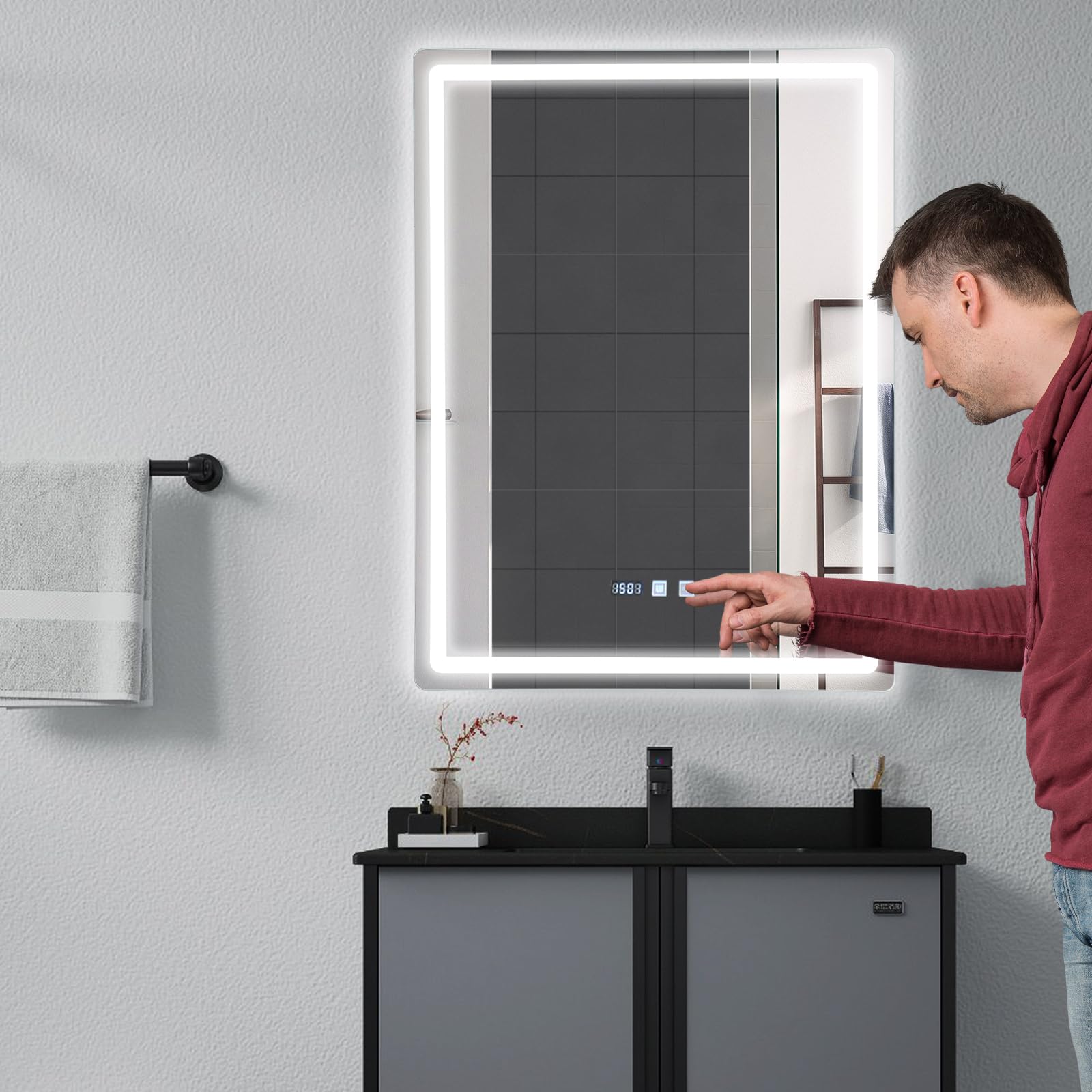 Espejo de baño LED con luces, 60 x 80 cm, espejo iluminado para pared de baño, regulable, sin vaho, tres colores de luz, instalación vertical, plata