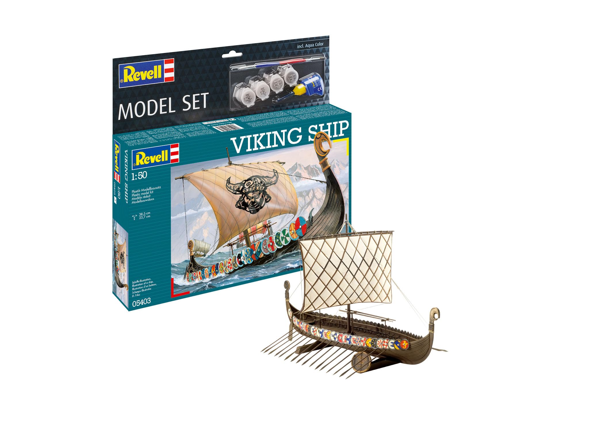 Revell Model Set 65403 Viking Ship 1:50 Scale Unbuilt/Unpainted Plastic Model Kit with Contacta Professional Glue, Paintbrush & Selected Aqua Color Paints