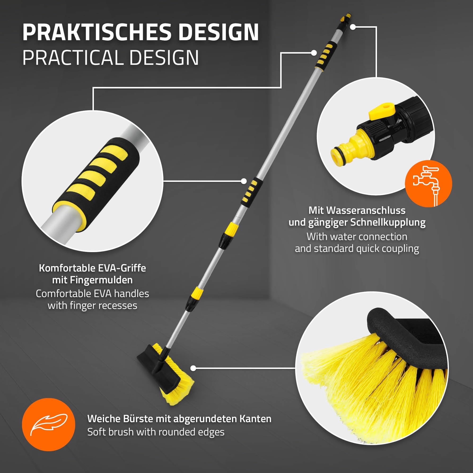 ECD Germany Autowaschbürste mit Alu-Teleskopstiel von 130-300 cm ausziehbar, An/Aus Schalter, weiche Borsten, Aluminium Auto Waschbürste für Wohnmobil LKW Kfz Boot, Reinigungsbürste mit Langer Griff