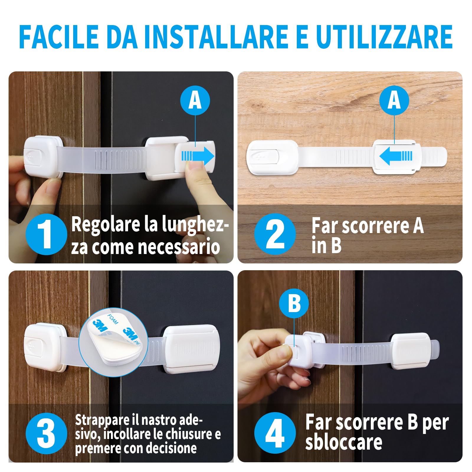 10 pezzi Bambino Chiusure di Sicurezza, Regolabile Bambino Serrature di Sicurezza con Adesivo 3M, Bambini Blocco di Sicurezza per Armadi, Cassetti, Frigorifero (Bianco)