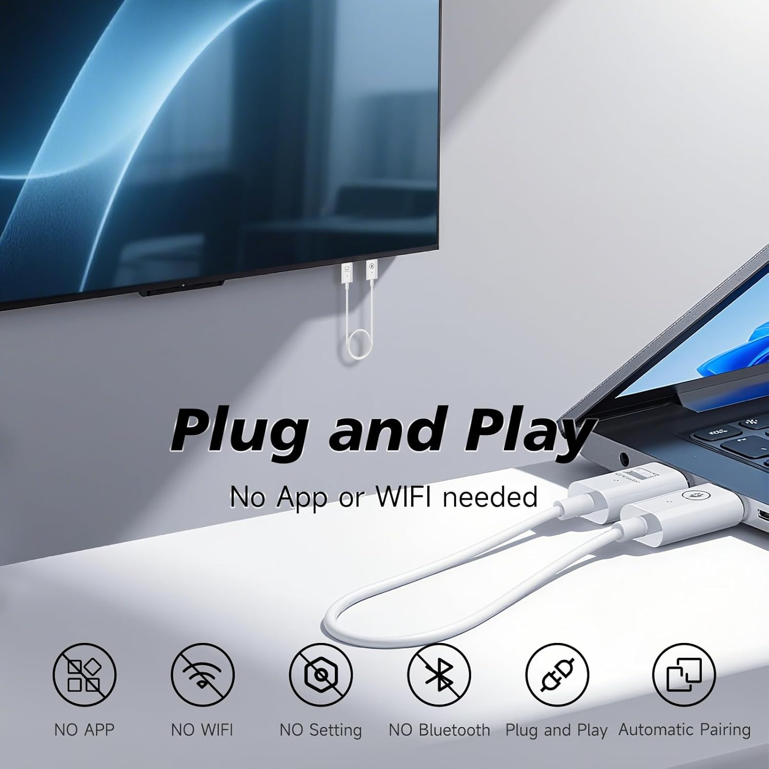 Wireless HDMI Transmitter and Receiver 164FT/50M, 5.8G+2.4G, for Audio/Video from Laptop/Camera to TV/Projector/Monitor, HDMI Extender Display Adapter Kit 4K Decode 1080P Output(White Cable)