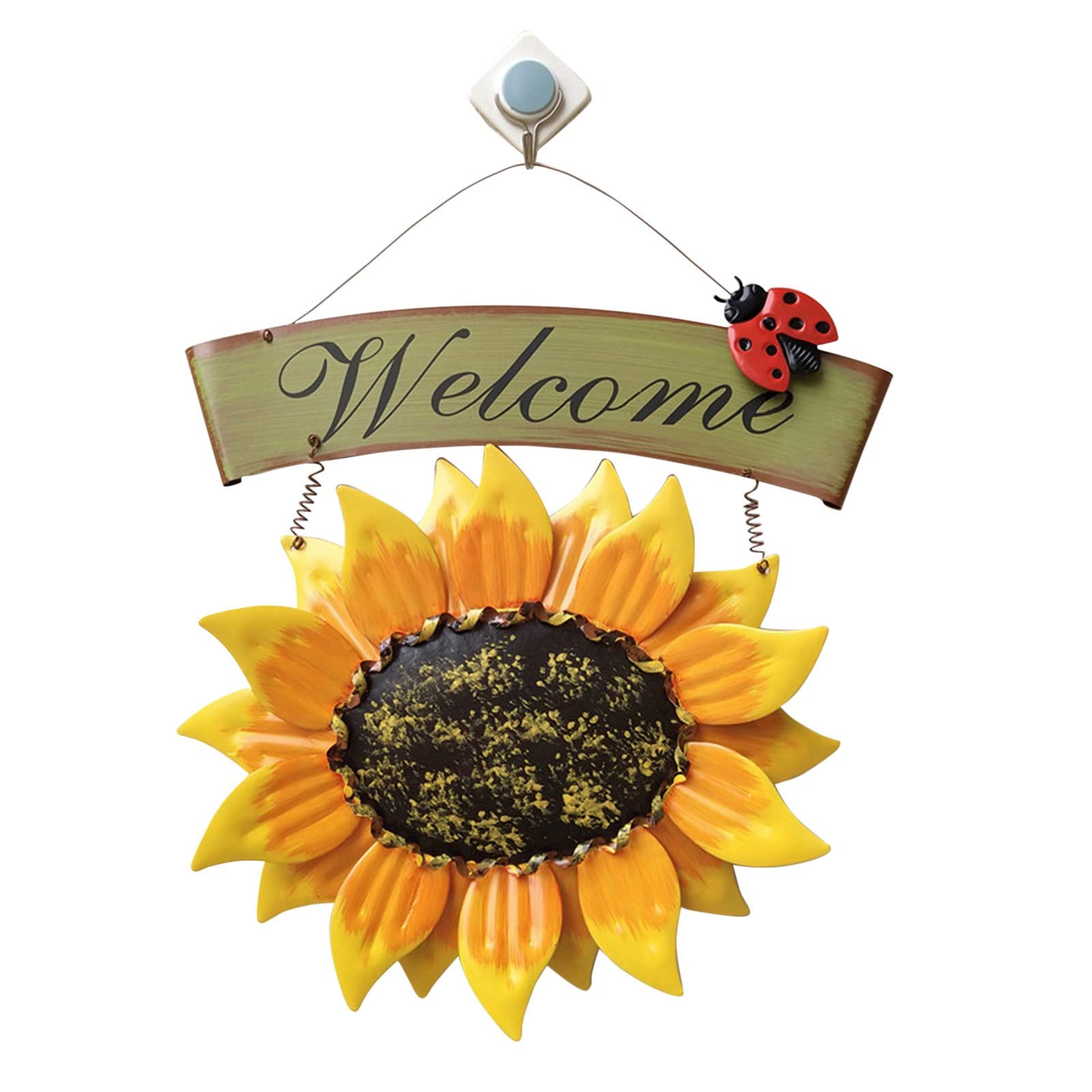 Spring Wreath for Front Door, Sunflower Welcome Plaque with Ladybug for Window Outdoor Wall Decoration, Welcome Garland for Spring Summer, Vintage Classic Hanging Ornament
