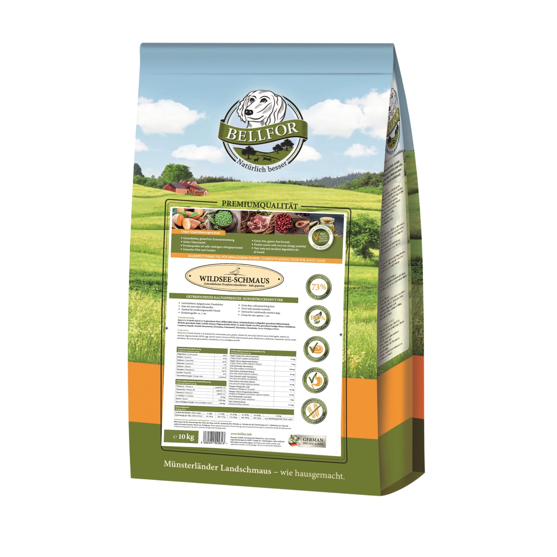 Bellfor Wildsee-Schmaus Mangime Secco per Cani Sensibili - Anatra Fresca, Senza Cereali né Conservanti Artificiali, Ricco di Omega-3, 10 kg