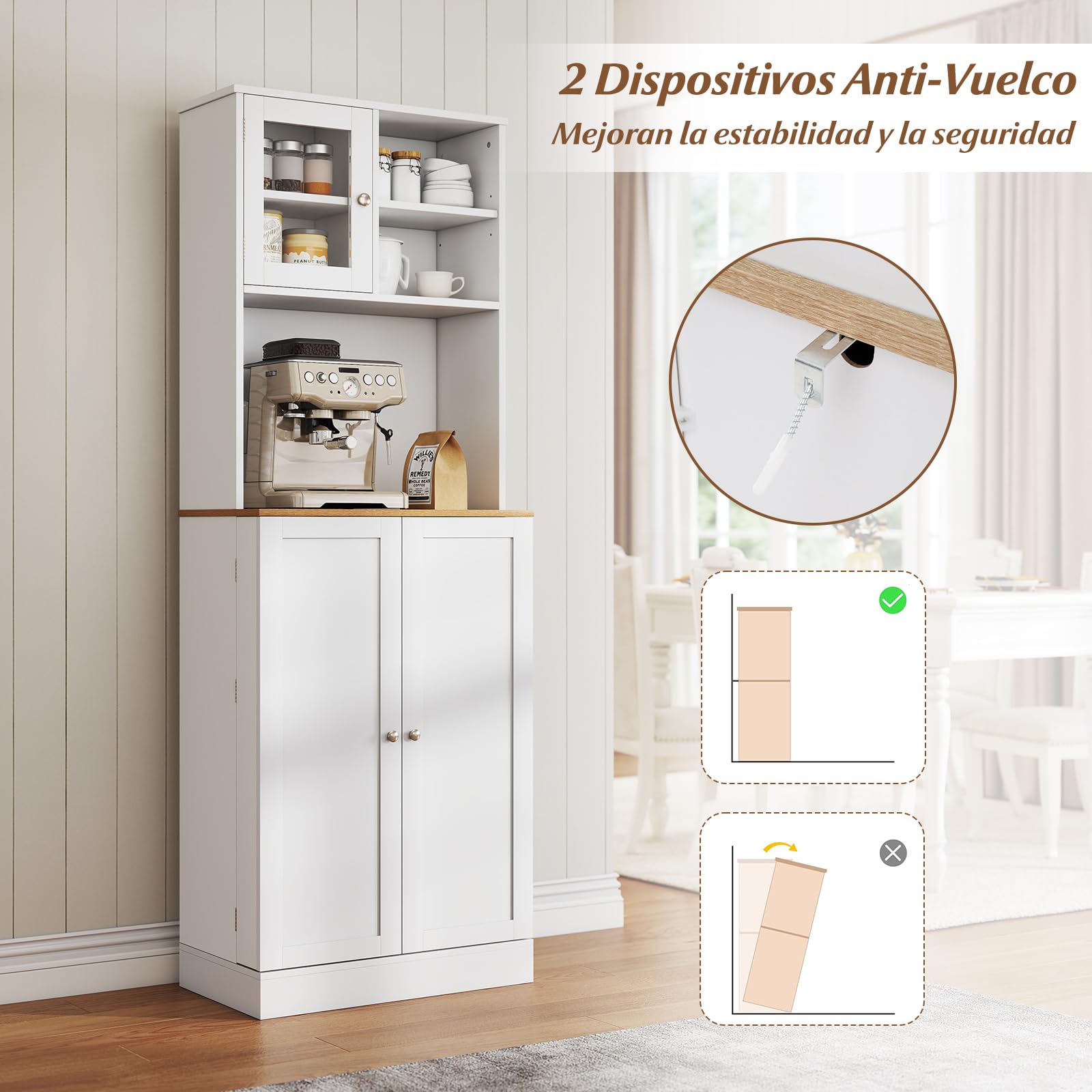 COSTWAY Armario Despensa de Cocina, Armario Buffet con Estante para Microondas, 8 Estantes con Puertas y 5 Estantes Ajustables, Gabinete de Despensa de Cocina para Sala de Estar, 60 x 35 x 170 cm
