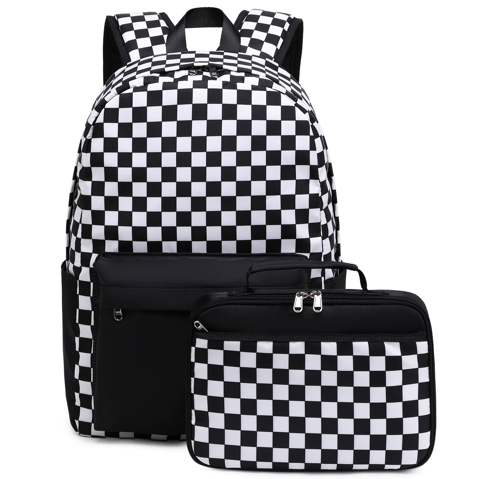 OctskyKids Backpack for Girls Teens Elementary Middle School Bookbags Childs Back to School Bag with Lunch Box, Black/White, One Size