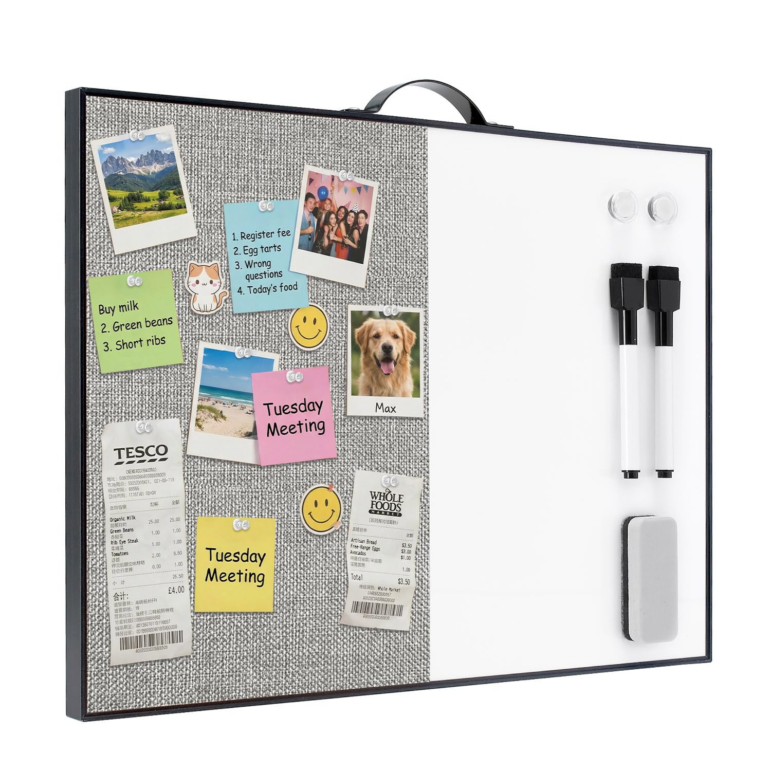Small White Board Cork-Board Combo - 16 X 12 inches Gray Linen Board &amp; Magnetic Dry Erase Board for Wall, Mini Bulletin Cork Board with Holder for Office, Home and School