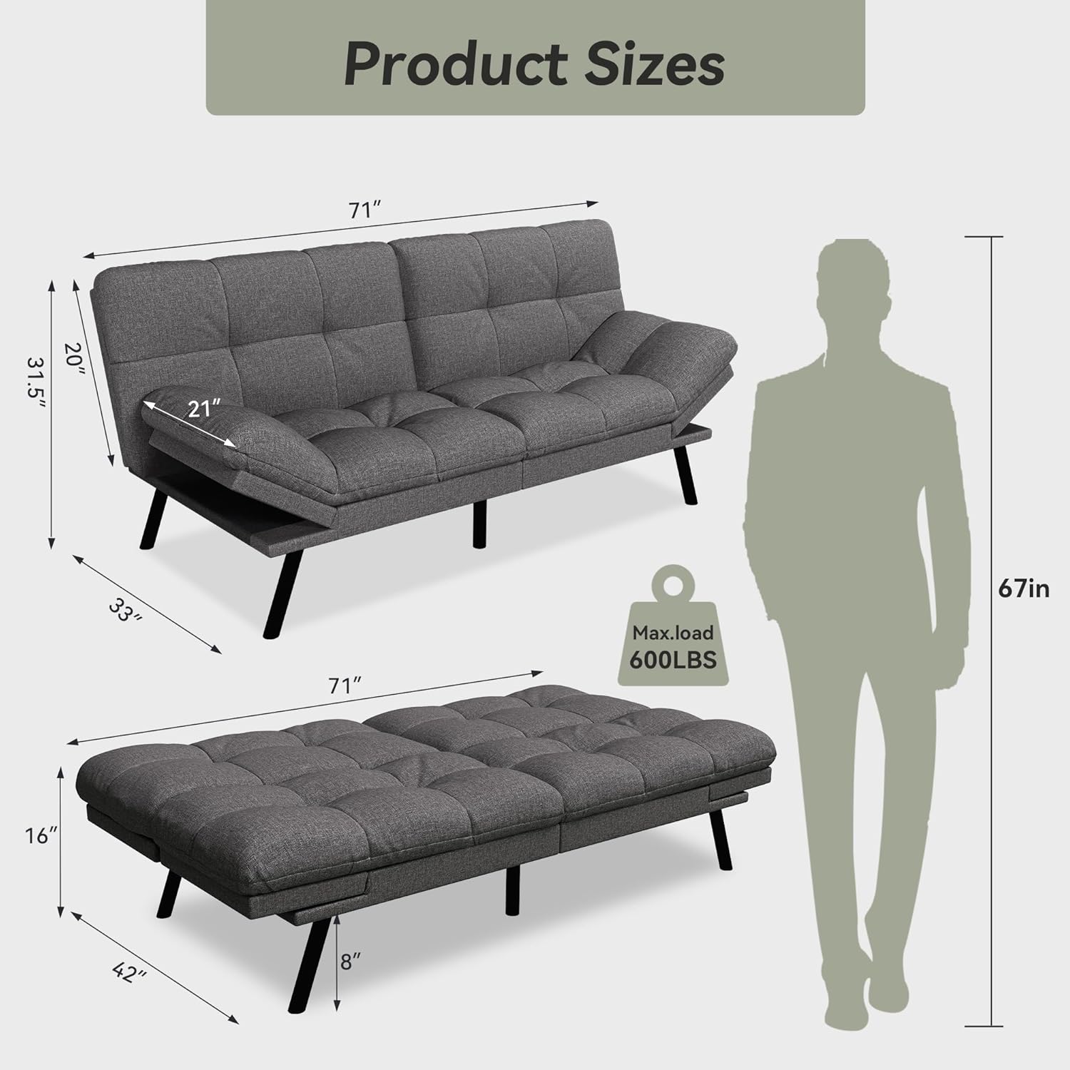 Convertible Futon Sofa Bed,71" Memory Foam Futon Couch,Detachable Cushion,Adjustable Backrest & Armrest,Linen Modern Loveseat Sleeper Recliner for Living Room,Office,Apartment,Mist Grey