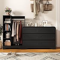 Vista 7 de Cómoda de 78 pulgadas de ancho con estante para colgar ropa, armario 3 en 1 con cajones y zapatero, baúl de almacenamiento alto de madera moderno