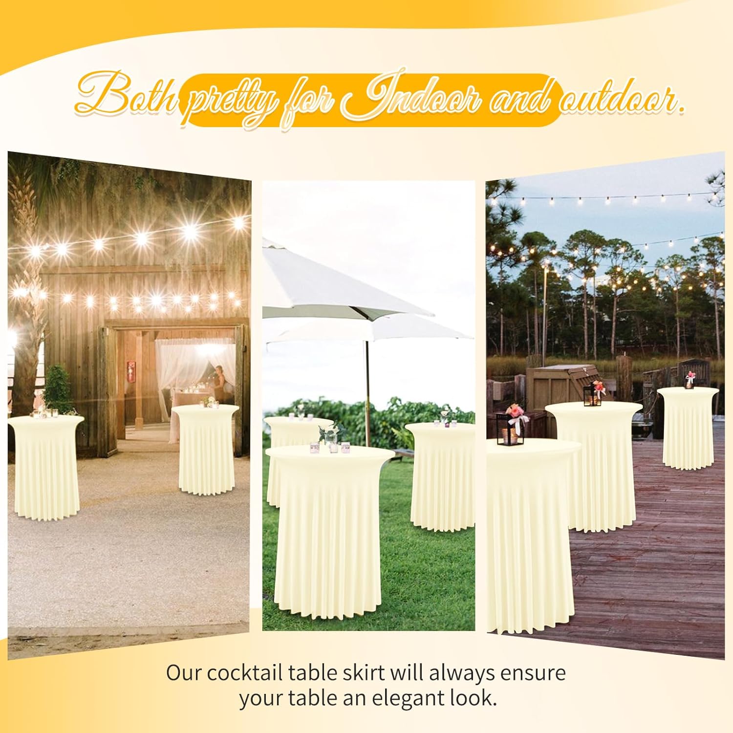 Pesonlook 6 Packs Round Cocktail Table Skirt 32"x 43", Beige Cocktail Table Cloth with Skirt, Spandex Stretch Table Cover Fitted High Top Table for Party Banquet