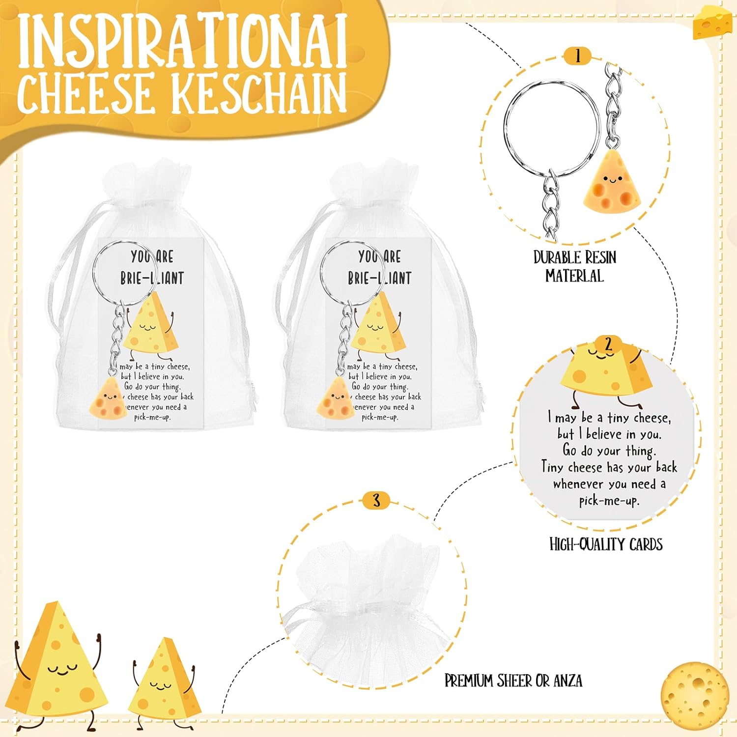 Kigley 30 Sets Inspirational Cheese Keychain Bulk Mini Positive Cheese Gifts Resin Cute Realistic with Funny Card Organza Bag Emotional Support Gift for Valentines Employee Coworker Teacher Team - Image 3