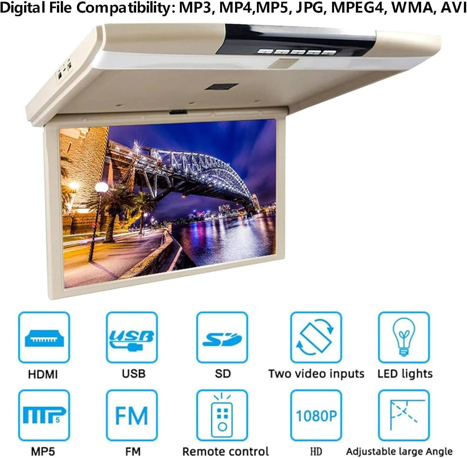 Reproductor de Techo para Automóvil, Montaje en el Techo Monitor Abatible hacia Abajo, 17.3In IPS 1080P WiFi Bluetooth Monitor de Automóvil Abatible hacia Abajo Soporte Android Hdmi AV FM USB,Black