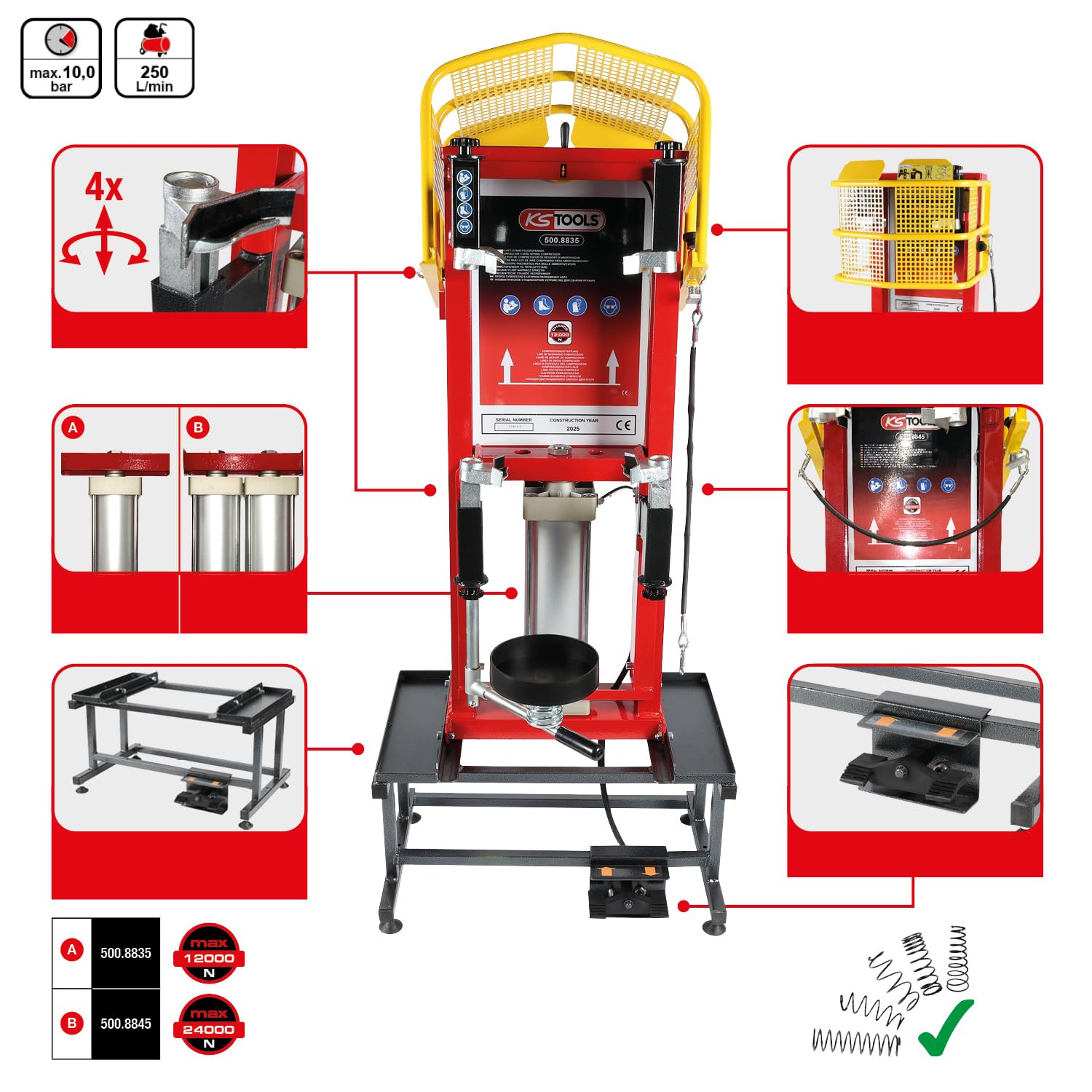 KS Tools 500.8845 Druckluft-Stand-Federspanner mit Doppel-Zylinder und Untergestell