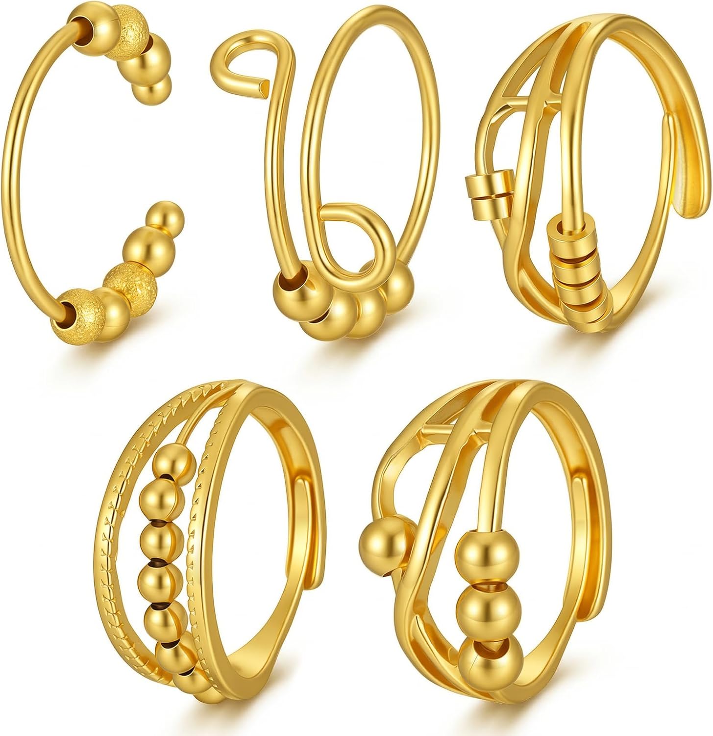 5 Pcs Fidget Anti Anxiety Rings Spinner Ring Stress Relieveing for Women Men Gold Zinc Alloy, Open Adjustable Size