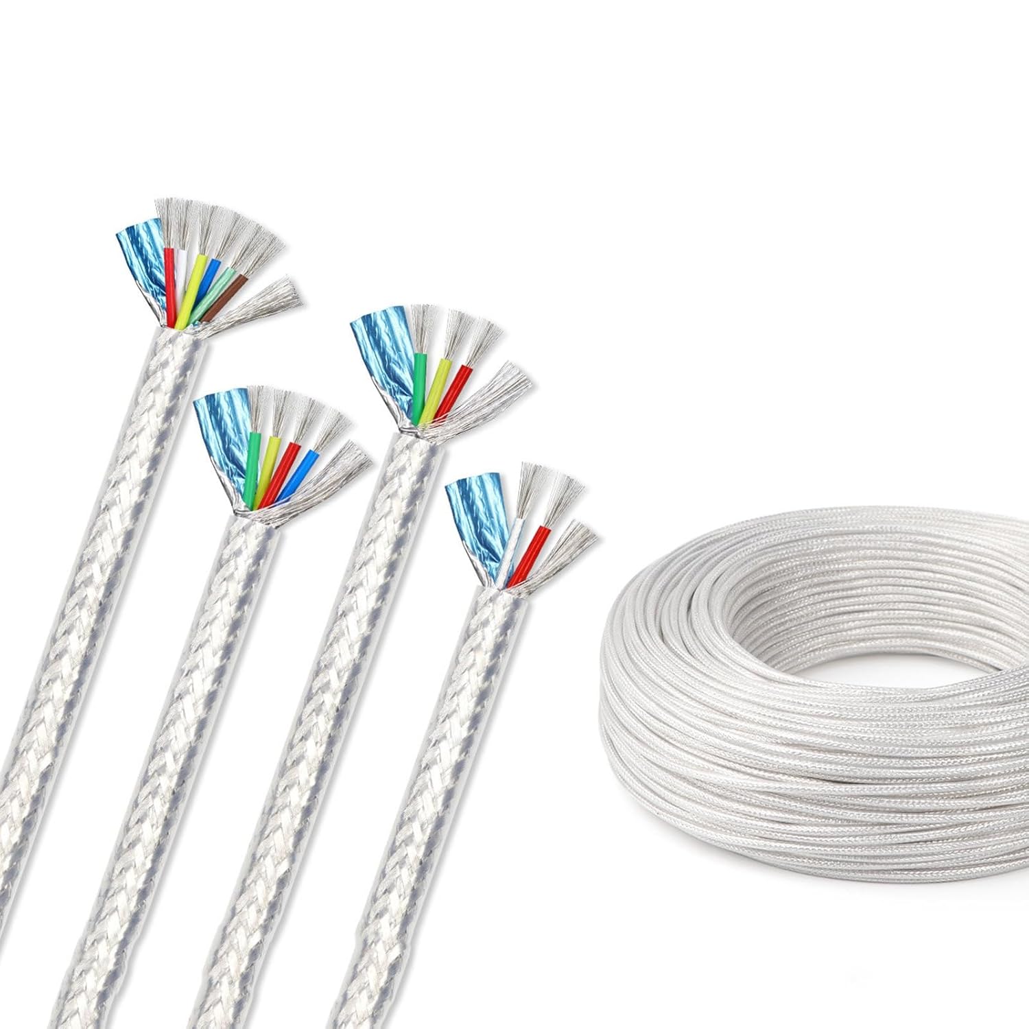 2/3/4/6 Cores Silver Plated Copper Shielded Wire 20/22/24/26 AWG FEP Insulated 32/100FT 600V -55°C~200°C High Temperature Tinned Copper Braid Shielded Cable for Electrical Applications(32ft,6c-26A)