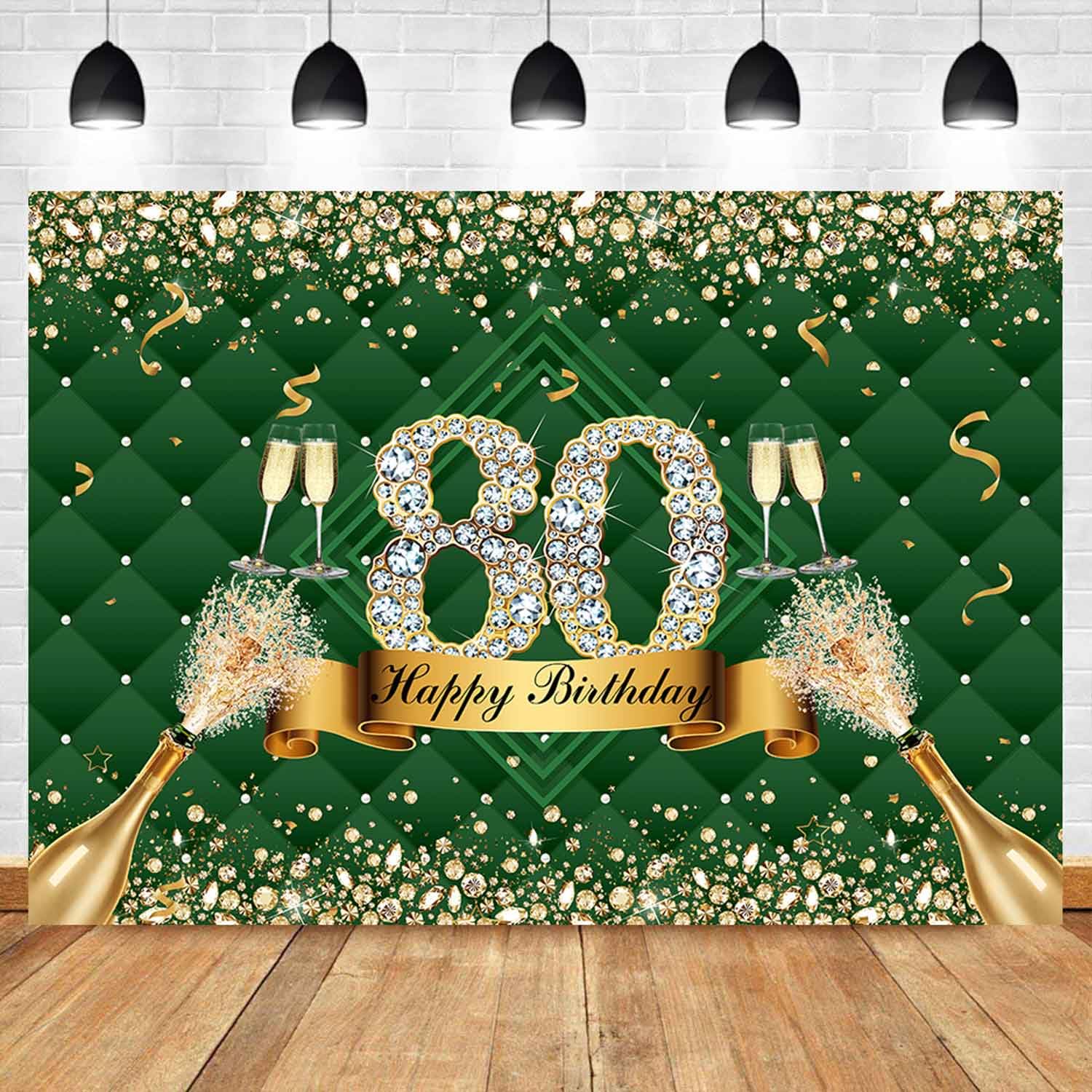 Sensfun Happy 80th Birthday Backdrop Green Gold Diamonds Photography Background Champagne 80th Birthday Party Decorations Supplies Cake Table Banner