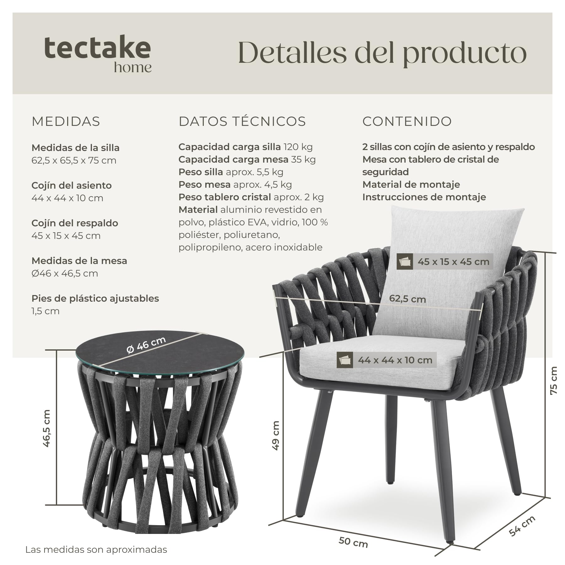 tectake® Conjunto Jardin Exterior con Mesa Terraza Exterior y Silla Ratan de Aluminio, Muebles de Terraza Resistentes, Muebles de Jardin - 2 Sillas y 1 Mesa