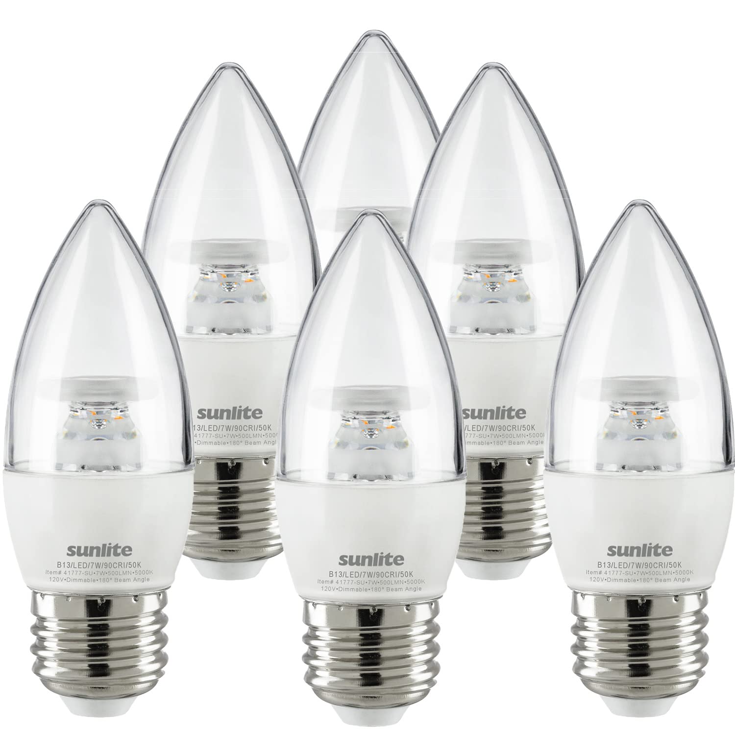 Sunlite LED B13 Torpedo Decorative Chandelier Light Bulb, 7 Watts (60W=), 500 Lumens, 120 Volts, Dimmable, E26 Base, 90 CRI, ETL Listed, Torpedo Clear, Title-20, 5000K Daylight, 6 Pack