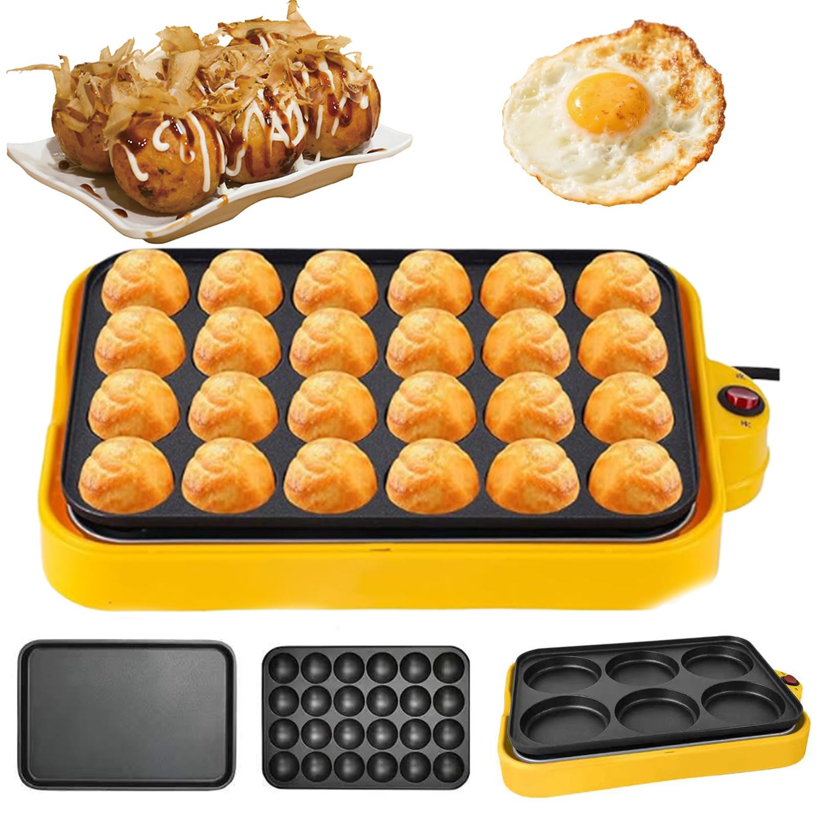 Takoyaki Maker, 24 Trous Poêle Électrique avec 3 Casseroles, Casserole Antiadhésive 800W, Finition en Satin, Contrôle Automatique de la Température, Amovible Et Lavable, pour Sandwich, Œuf, Steak