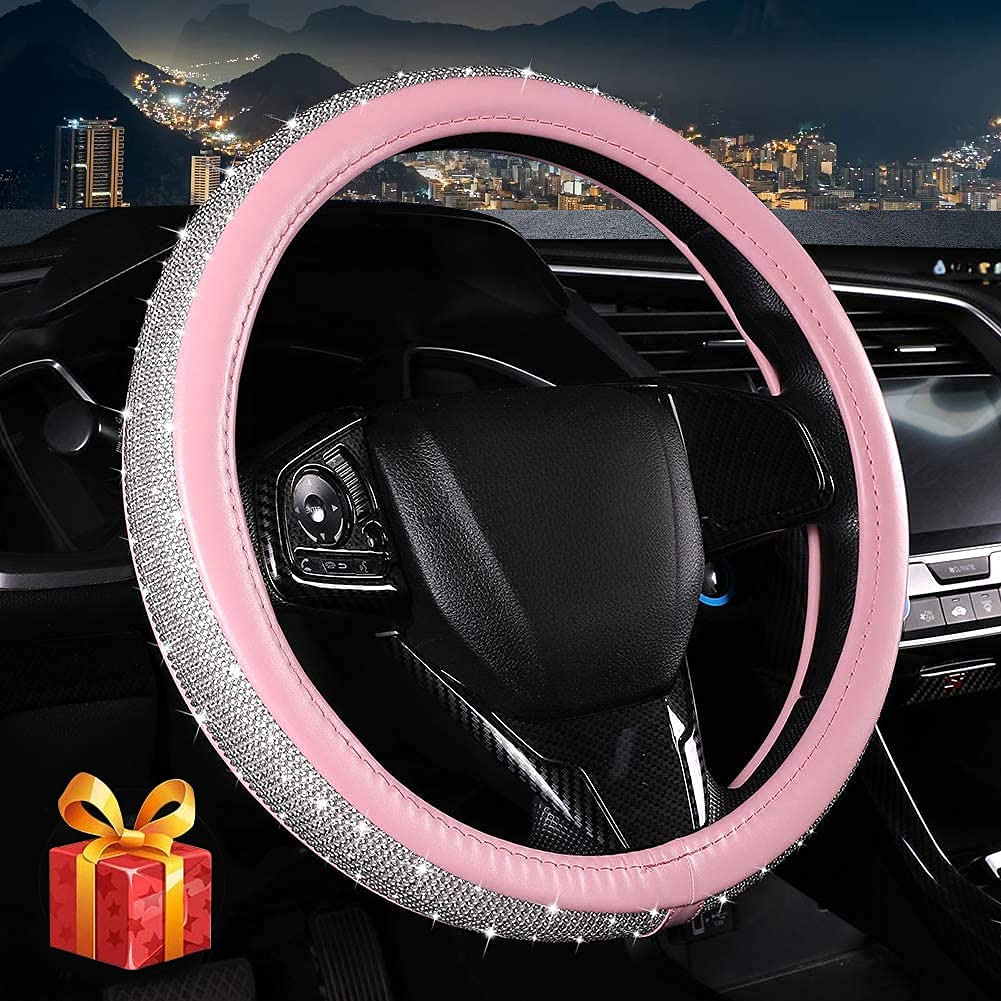 XIANGDING Bling Diamond Leather Steering Wheel Cover for Women Girls with Crystal Rhinestones, Universal Fit 15 Inch Car Steering Wheel Cover Accessories (White Pink)